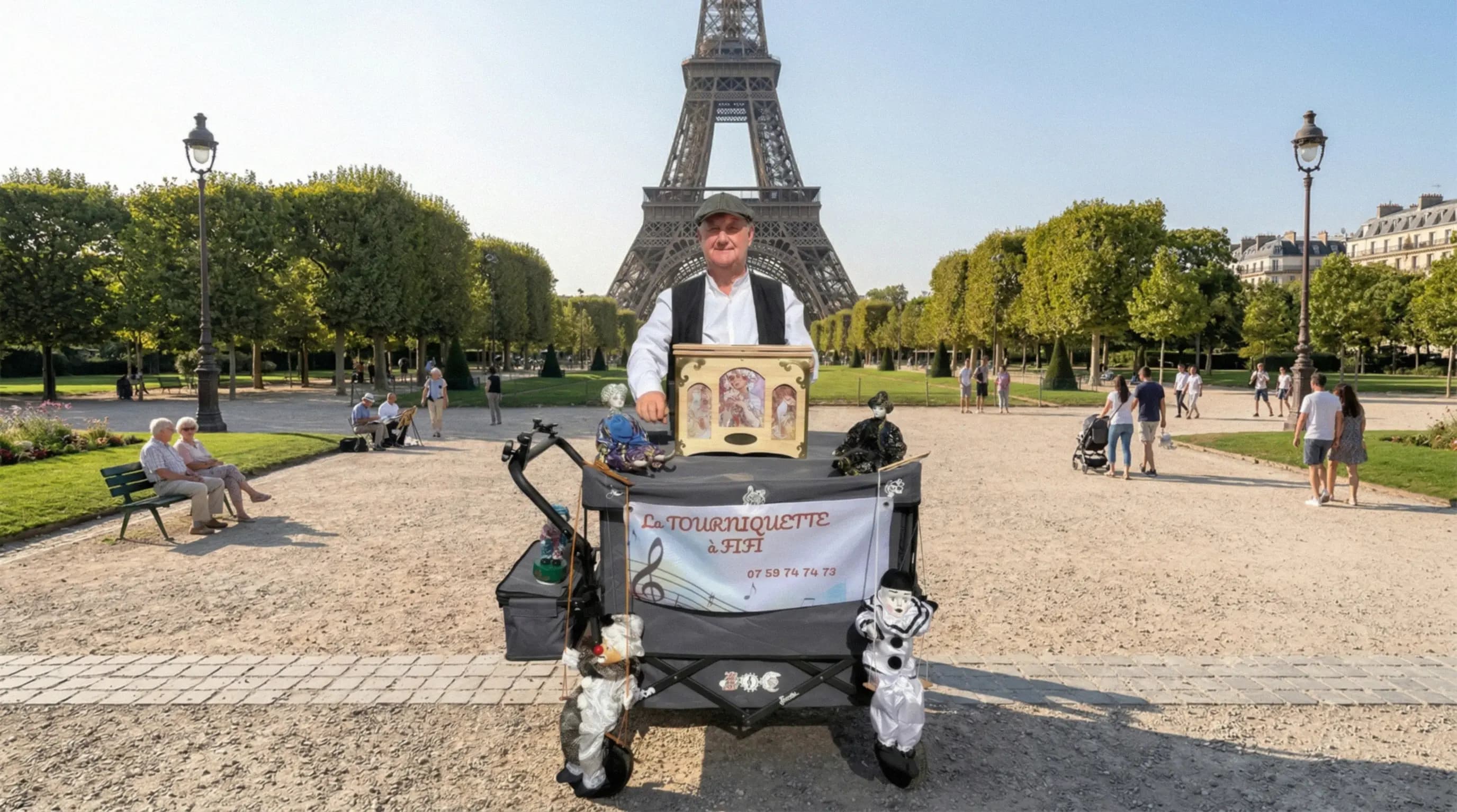 Photo réaliste d'un homme en tenue traditionnelle (gilet noir, chemise blanche et casquette) manipulant un orgue de Barbarie nommé 'La Tourniquette à Fifi'. Il est installé sur une rue pavée typique de Paris, avec des façades d'immeubles haussmanniens et la terrasse d'un café rouge en arrière-plan.